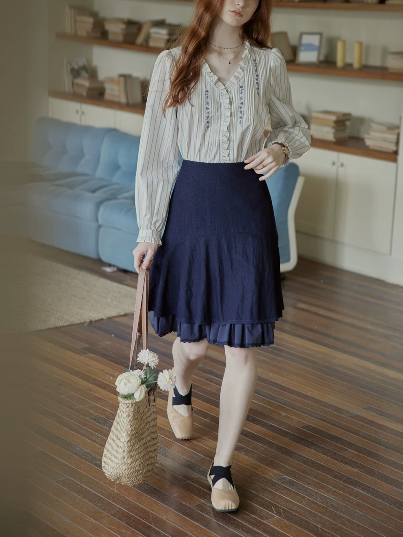 Poésie Bleue Embroidered Ruffle Blouse F0785