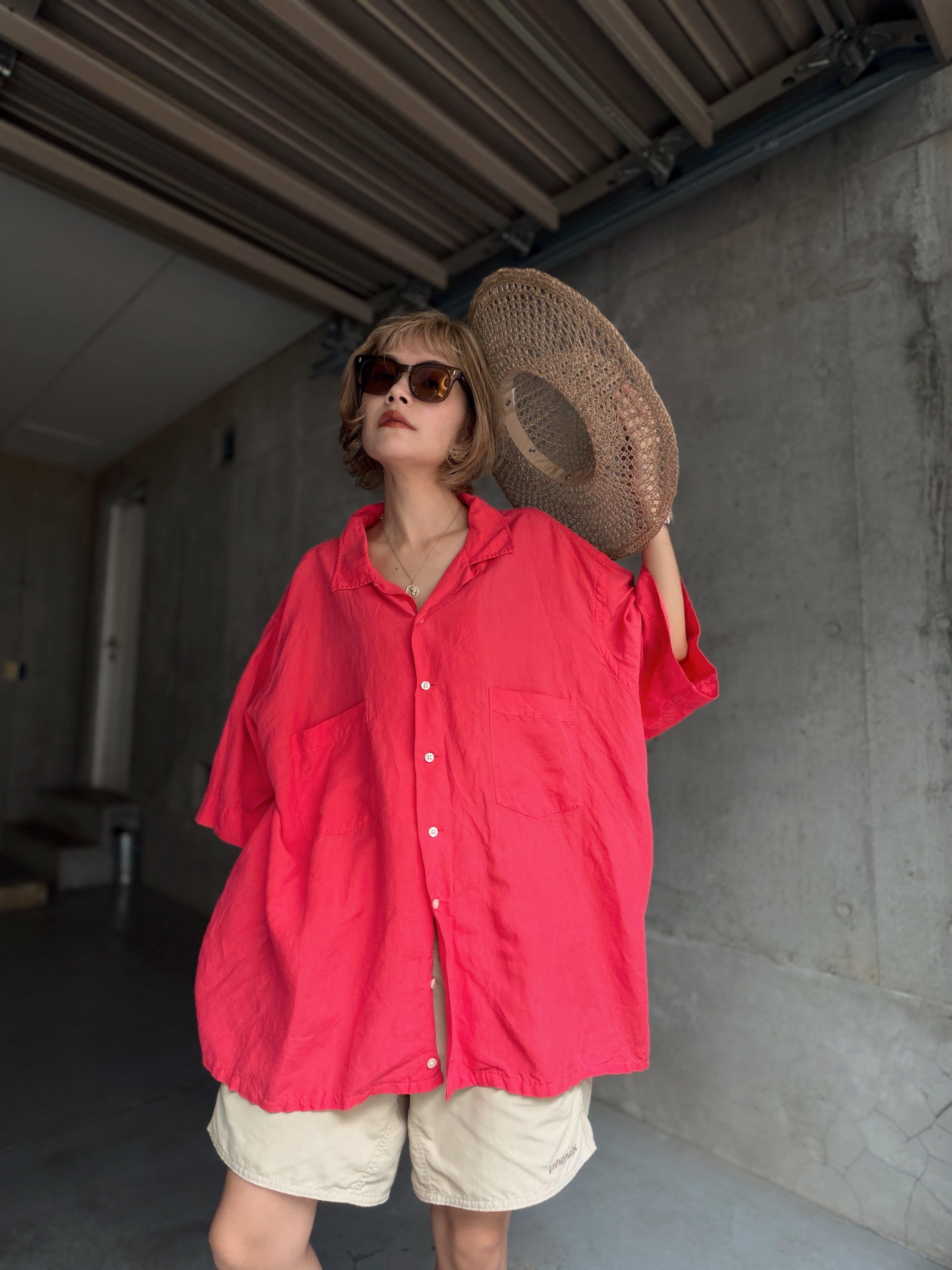 (SH1371)Polo Ralph Lauren linen silk open collar shirt /neon pink