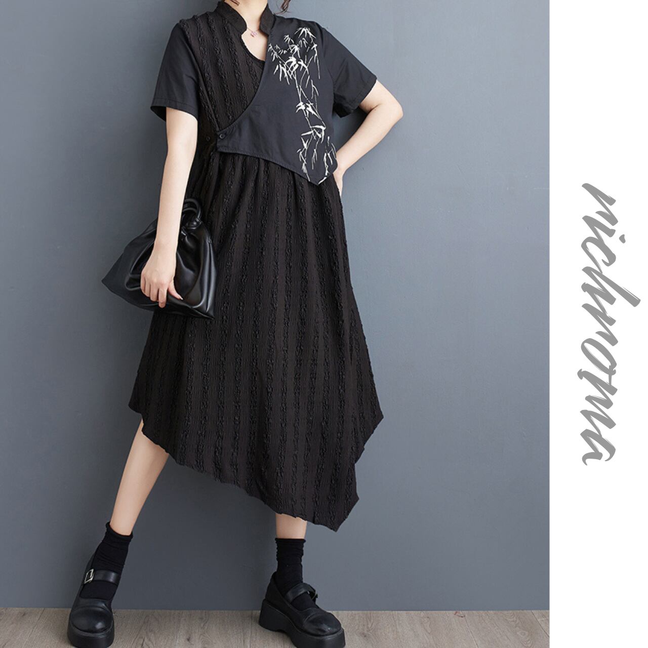 アシンメトリーバンブープリントドレス R0300