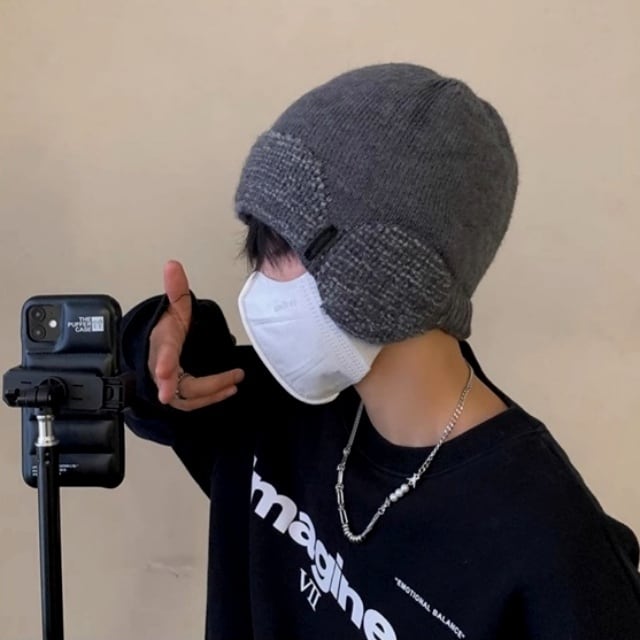 予約販売】ニット帽 パイロット帽 メンズ グレー 耳当て ストリート