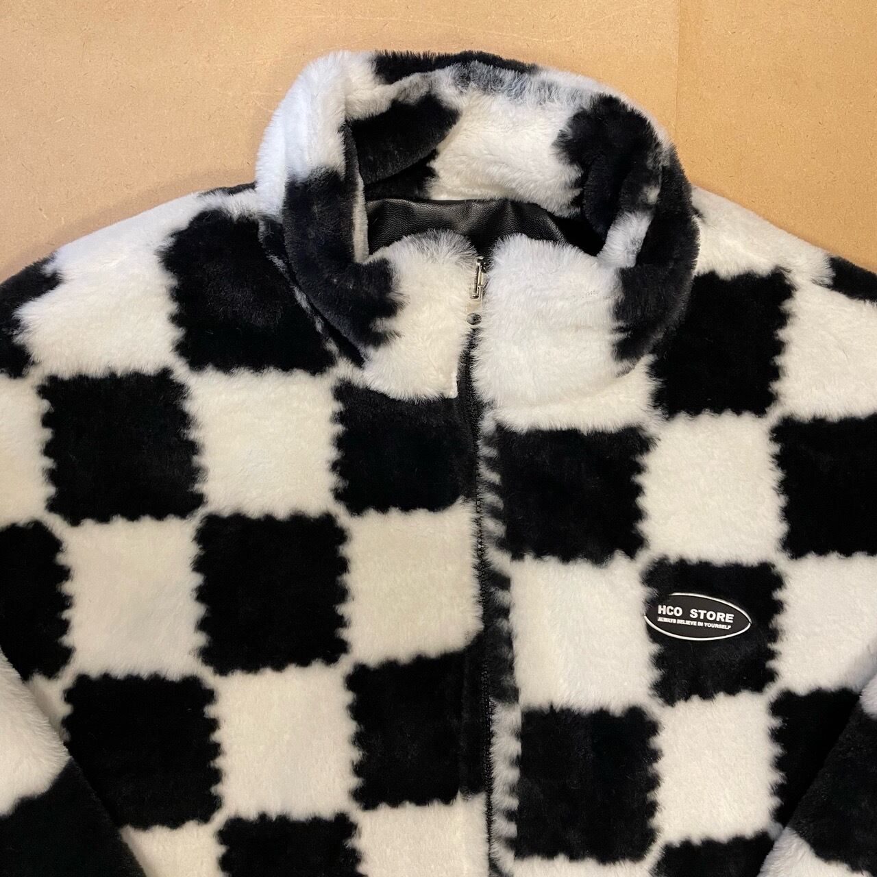 38611042-2】Checkers flag pattern boa & PU leather reversible