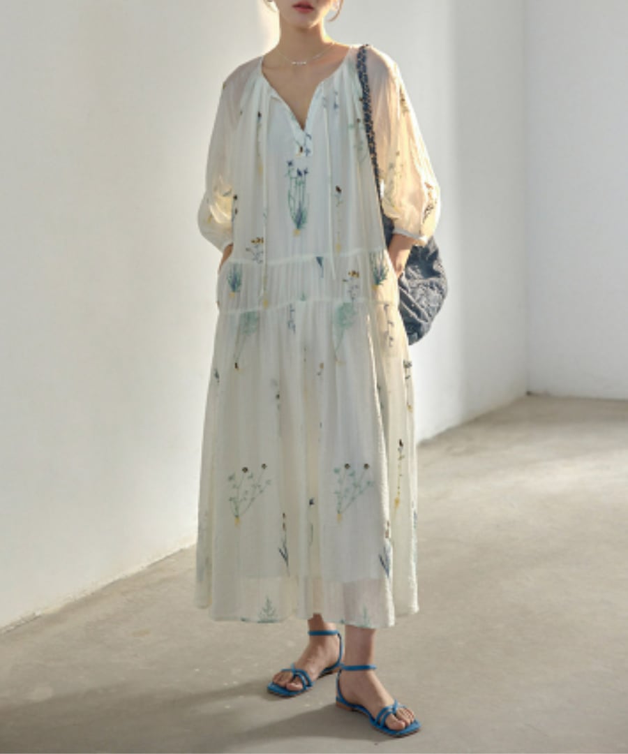 フラワー刺繍◆ロングスリーブワンピース【w-30510】