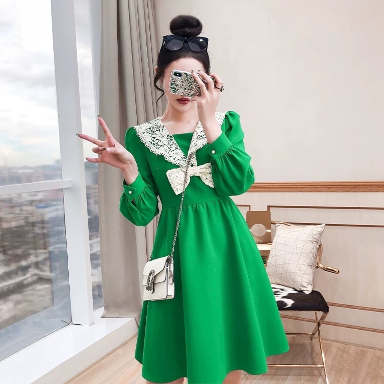 ワンピース 緑 グリーン セーラー リボン お嬢様 リボン 白 清楚 