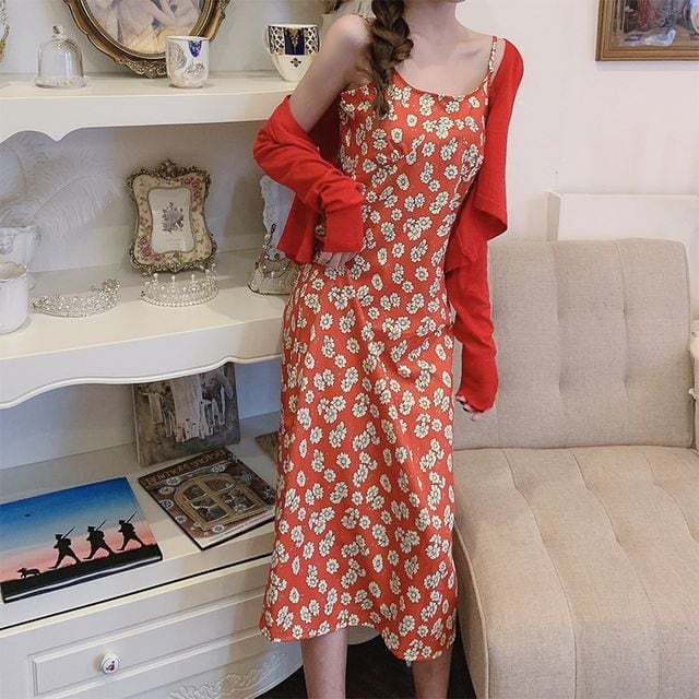 花柄ワンピース ワンピース ミモレ丈 キャミワンピース 花柄 レイヤード Iライン フェミニン ガーリー 大人ガーリー 大人カジュアル カジュアル 夏 春 Op 0930 Y Hapi Hapi Girl ハピ ガル