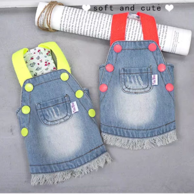 ネオンカラーストラップのデニムジャンバースカート　犬服　00497