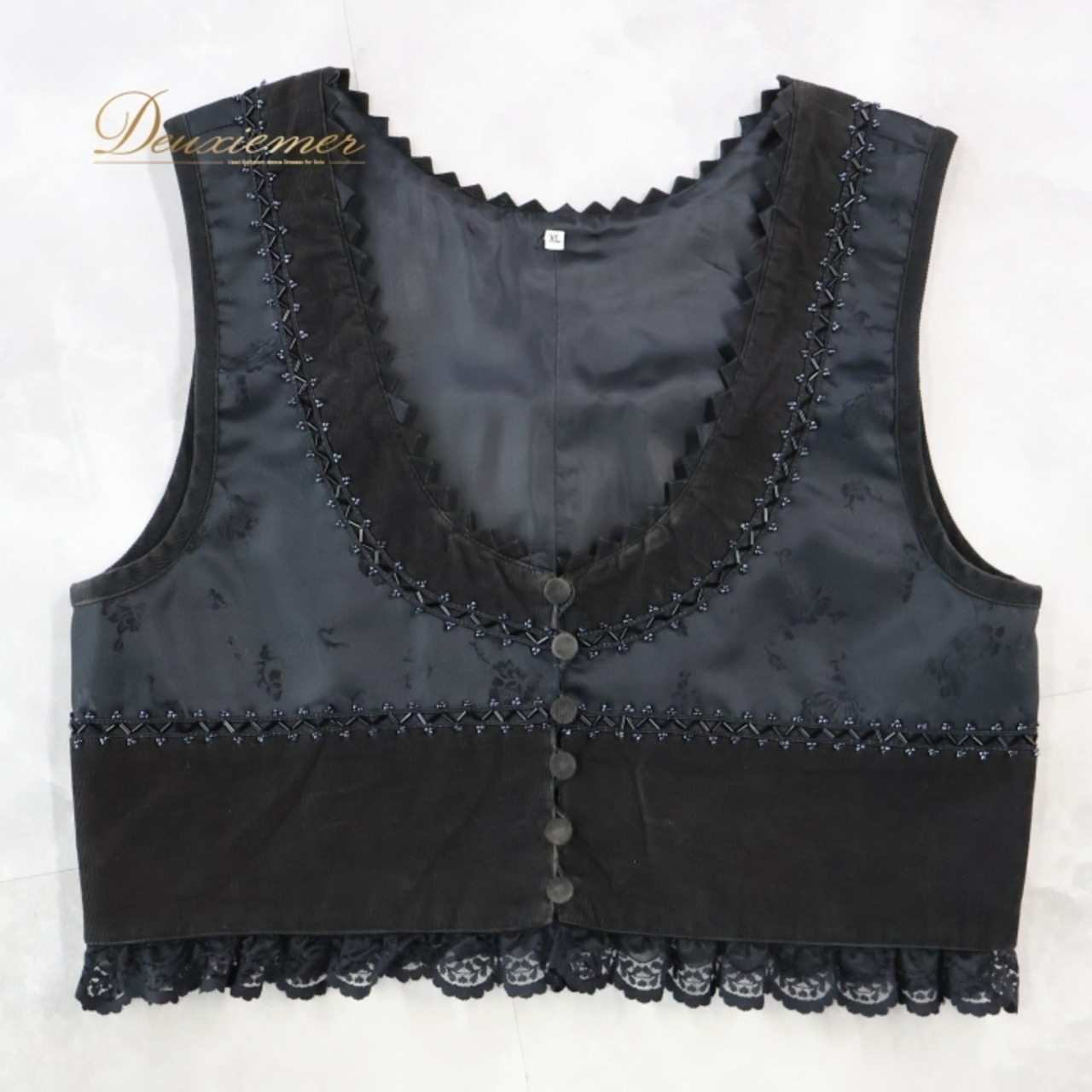 フォークダンス 衣装 ベスト ブラック系 ボタン ビーズ 花柄 黒 チロリアン カントリー 上品 かわいい 華やか レース オールブラック トップス シック 光沢 ダンス衣装