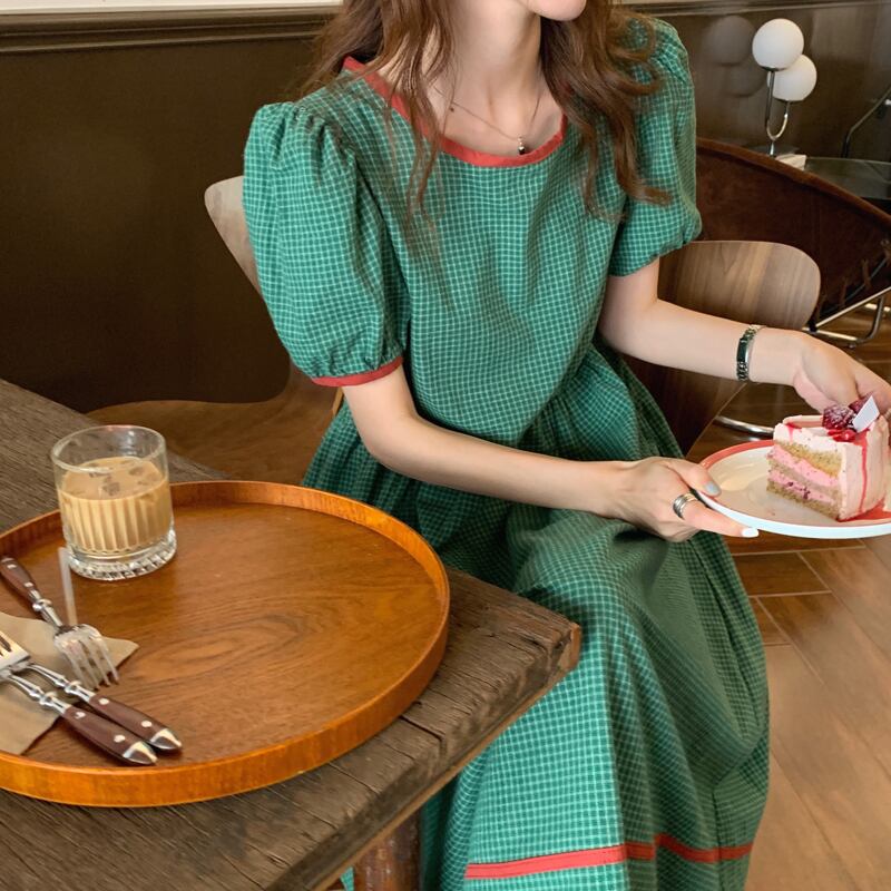 格子柄Aラインスカート ドレス サマーラウンドネック半袖スリーブルーズ薄手カラー ショート ハーフスリーブ 夏物 Oネック ビッグFスモールZ韓国16182660739