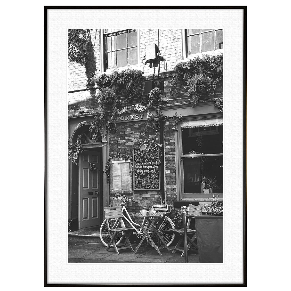 イギリス写真 ヨークにあるカフェと自転車 インテリア モノクロアートポスター額装 AS3603