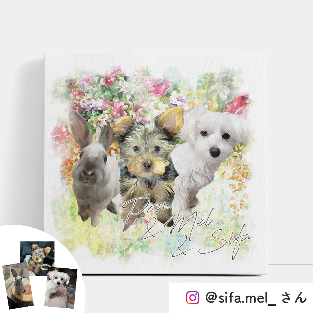 送料込】うちの子♡ペット似顔絵 | イラスト風キャンバス(お花畑の背景