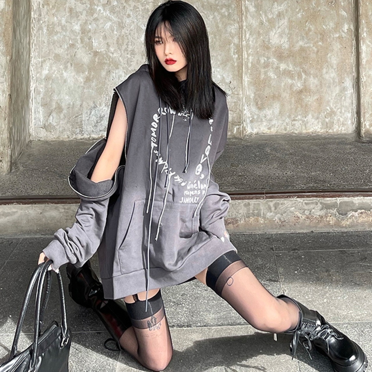 天使と悪魔 プルオーバー パーカー ZIP オフショル ロング丈  