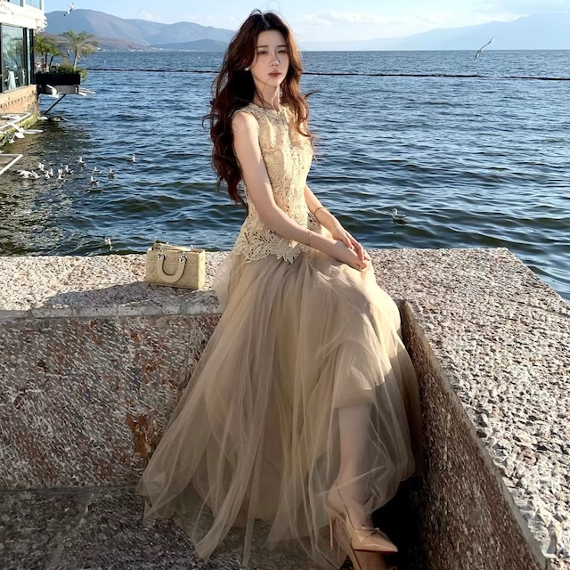 【set】レースノースリーブトップス×チュールスカートセット N3555