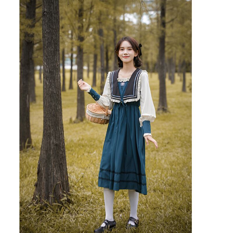 書槿笙シリーズ ロングワンピース Jk風 セーラー服 配色 可愛い ロリータ 洋服 レトロ ブルー 青い Elegant