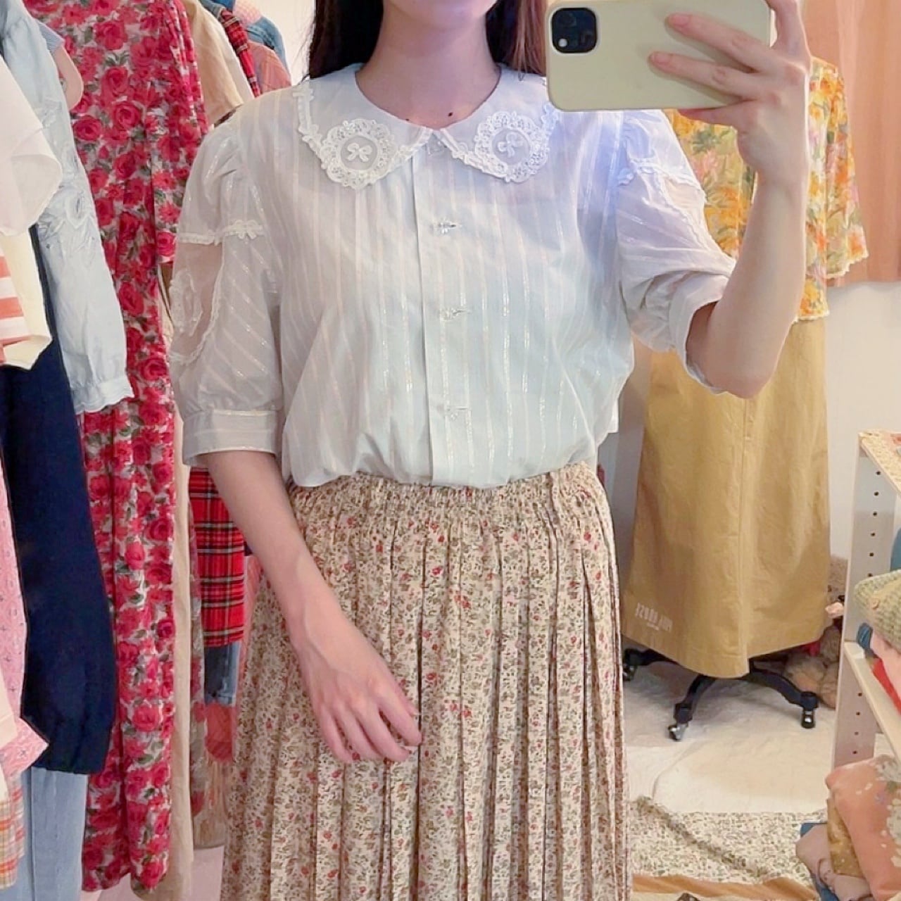 ribbon lace collar stripe blouse