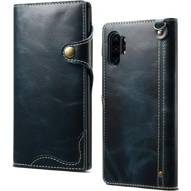 Galaxy Note10 Plus ケース SC-01M SCV45 対応 手帳型 高級本革カバー マグネット式スナップ カード入れ ストラップ付き 耐衝撃 ソフトTPUケース 牛革 スマホカバー ネイビー 329