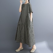切り替えチェック柄 マキシ丈 ワンピース  30135