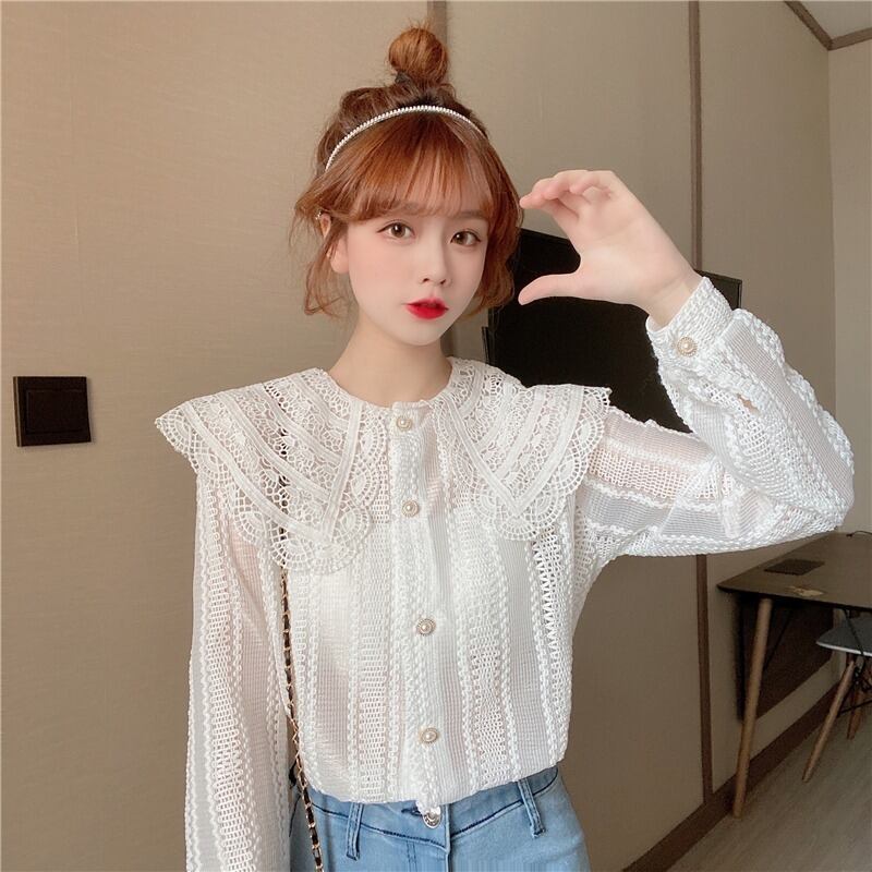 シャツ オータムトップス 薄手カラーホワイト 大人ガーリー スウィート キュート カジュアル 秋物 1号婦人72235028411