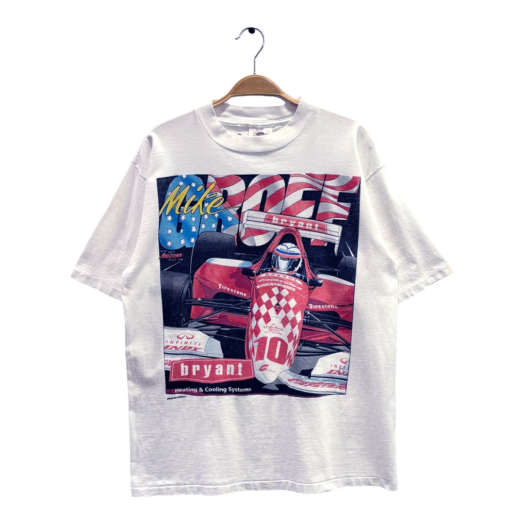 90s マイクグロフ インディー500 USA製 ヴィンテージ Tシャツ スポンサー 企業ロゴ インディーカー ホワイト シングルステッチ サイズXL BZ0655