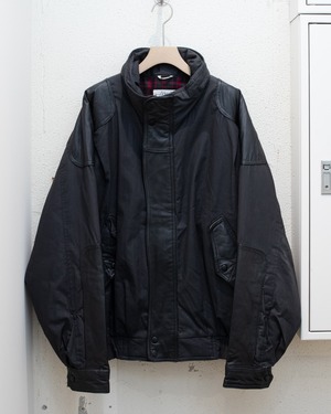 high neck padded leather blouson / tartan wool lining
