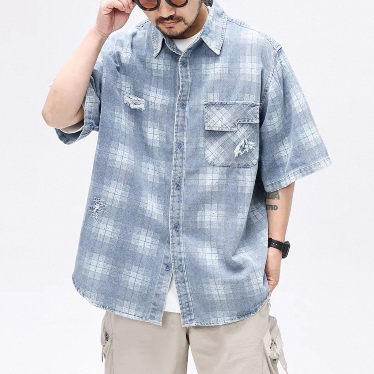 Distressed plaid denim work shirt 1436 - 2