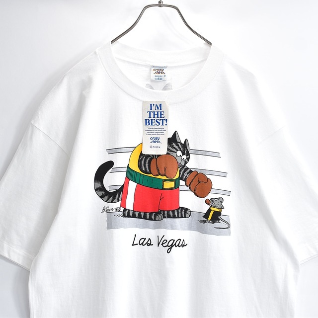 90s USA製 クレイジーシャツ クリバンキャッツ ボクサー マウス コミックプリント 半袖Tシャツ Las Vegas キャラクター ホワイト USED ヴィンテージ ビンテージ 古着 メンズ XL相当