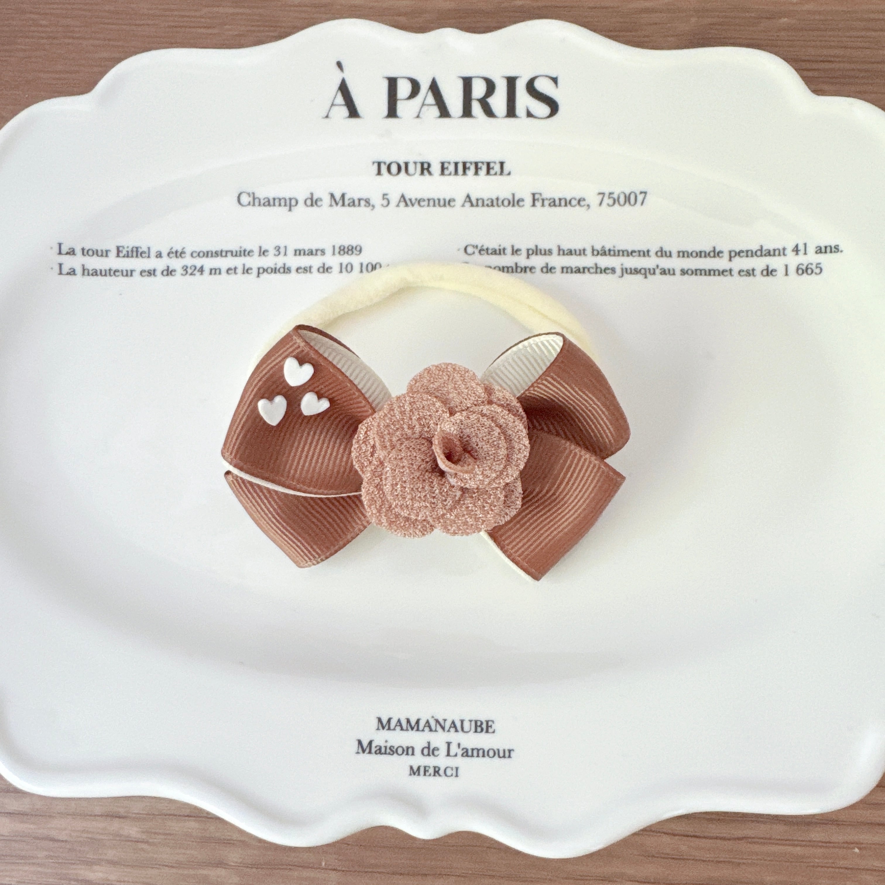 小さなハートとお花付き小さめリボンヘアバンド(後ろ支え付き)