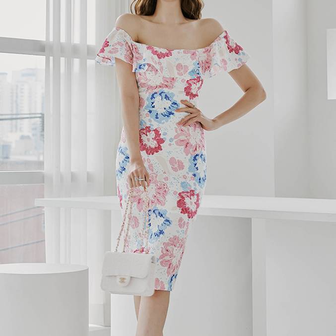 オフショルダー ワンピース フラワー柄 タイトワンピース ドレス 花柄