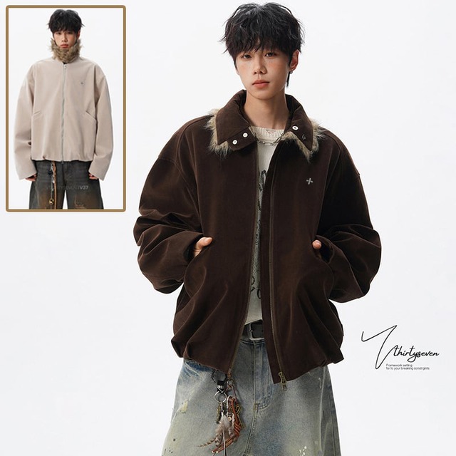 ∮ファー取り外し可能レトロジャケット！【V37シリーズ】★ジャケット★ ユニセックス 2color アウター