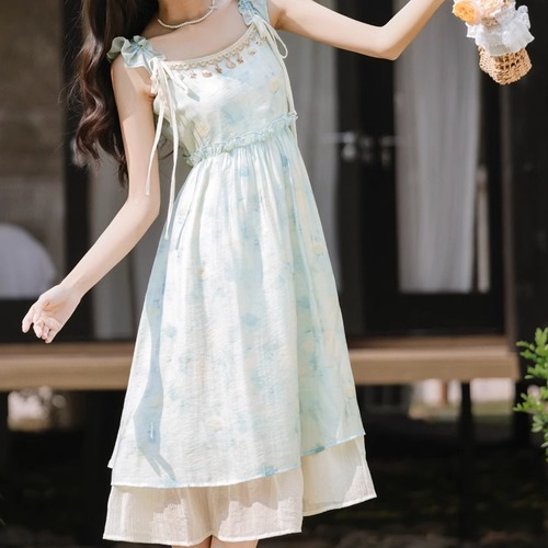 サイドリボンパターンワンピース ・7134