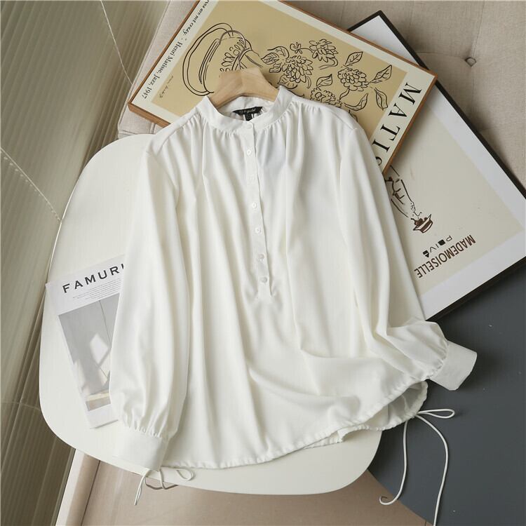 Drawstring hem stand-up collar blouse TO0854