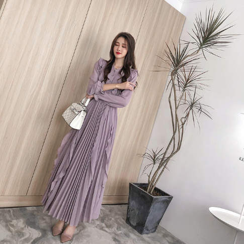 cest-X0023) 女性の服 Vネック シフォン 長袖 パープル ロング