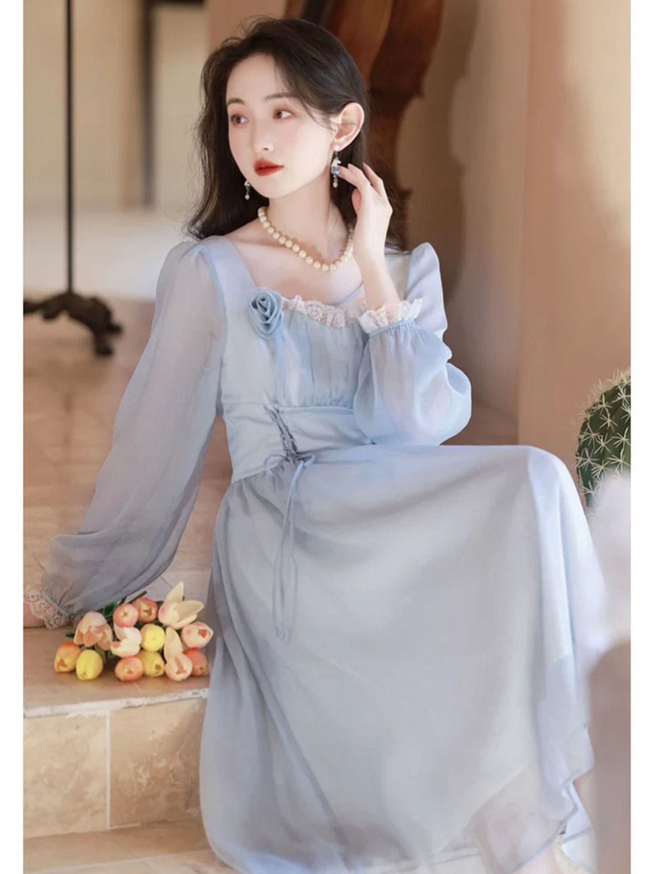 【0267】Blue Chiffon Volume Square Long Sleeve Dress