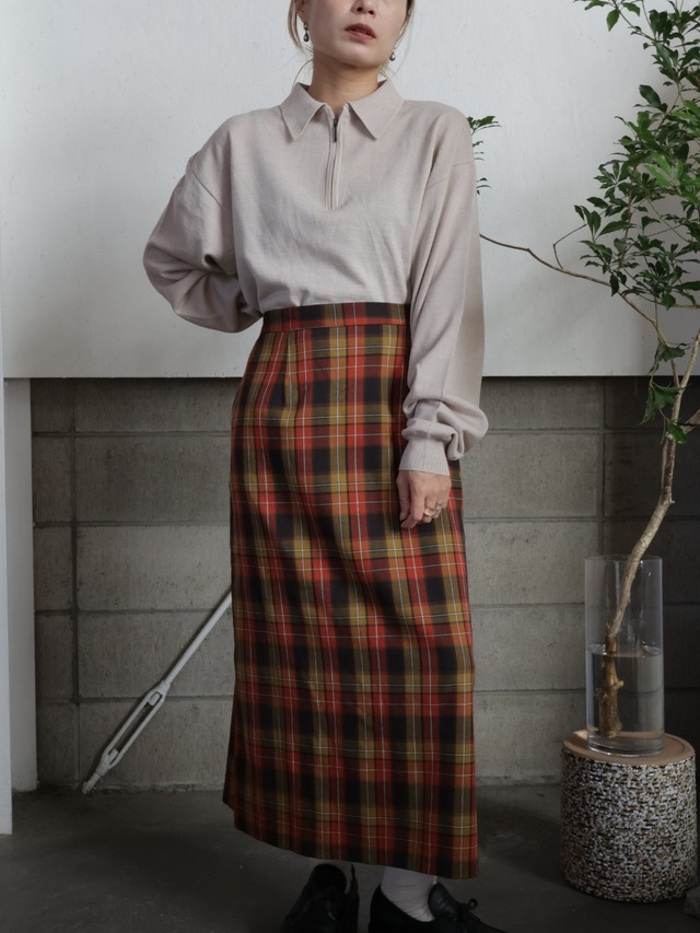 <vintage>tartan check straight skirt
