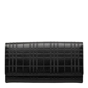 バーバリー エンボスチェック ロングウォレット 長財布 がま口 ブラック レザー レディース BURBERRY 【中古】