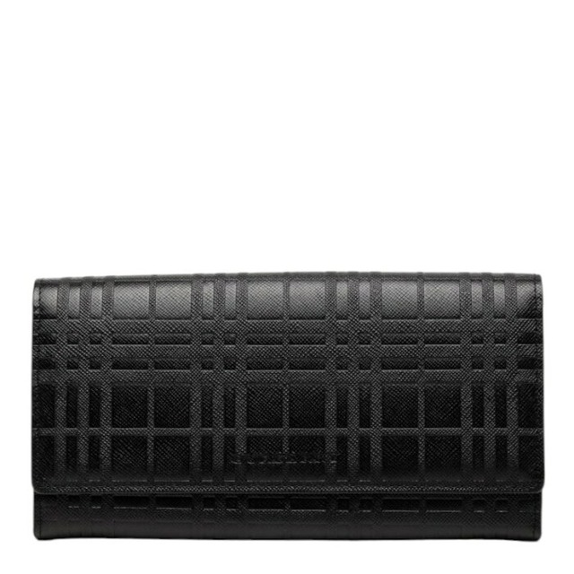 バーバリー エンボスチェック ロングウォレット 長財布 がま口 ブラック レザー レディース BURBERRY 【中古】
