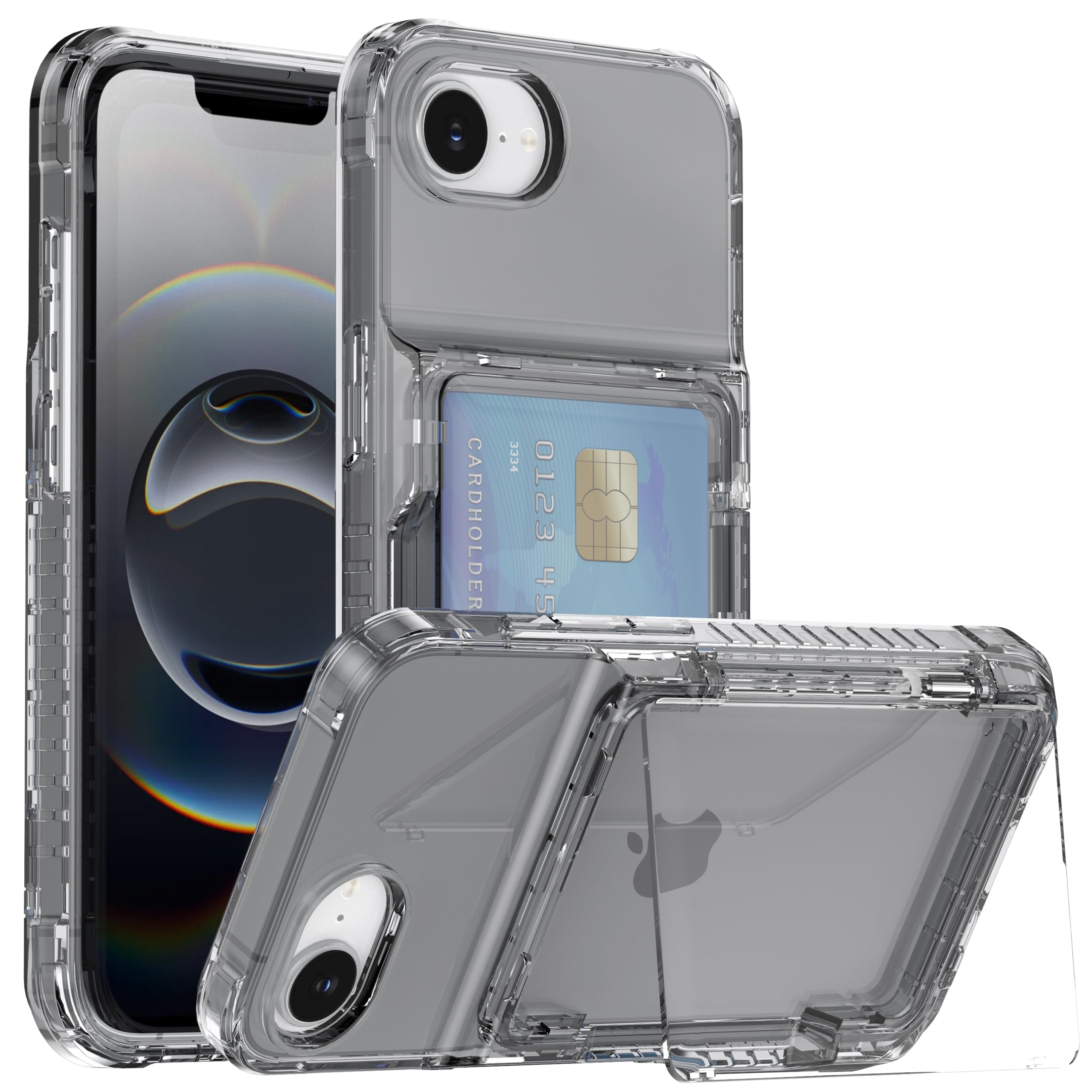 MuZiF iPhone 17e 用 ケース クリア 米軍MIL規格の保護 カード収納 耐衝撃構造 黄変防止 擦り傷防止 透明 PC 背面クリア アイフォン17e 用 カバー クリアケース(iPhone 17e用,ブラック)