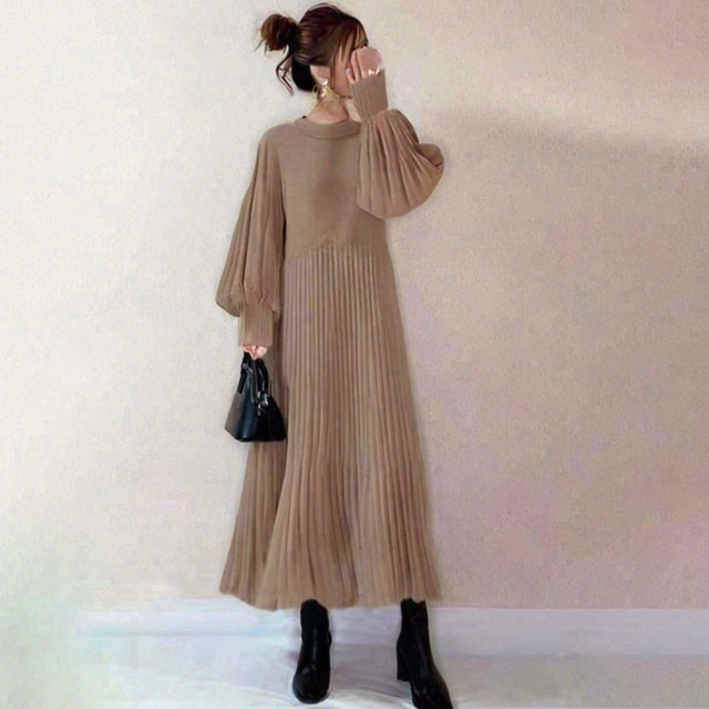 lantern long-sleeved pleated patchwork knitted dress(SN003)