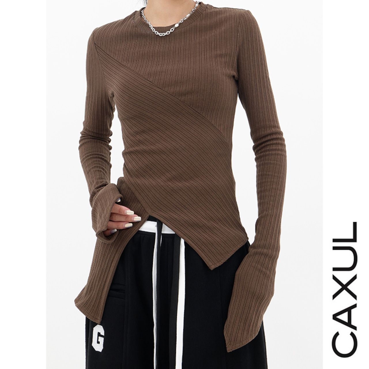 スラントヘム リブニットトップス/3color