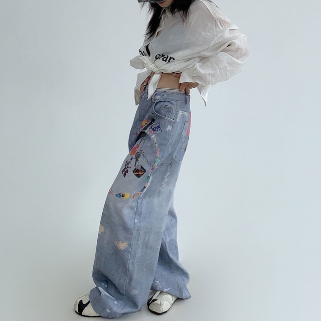 チャームペイントデザインデニムパンツ R00551