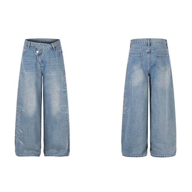 アシメウエストラインレタリングワイドデニムパンツ 1col R02698