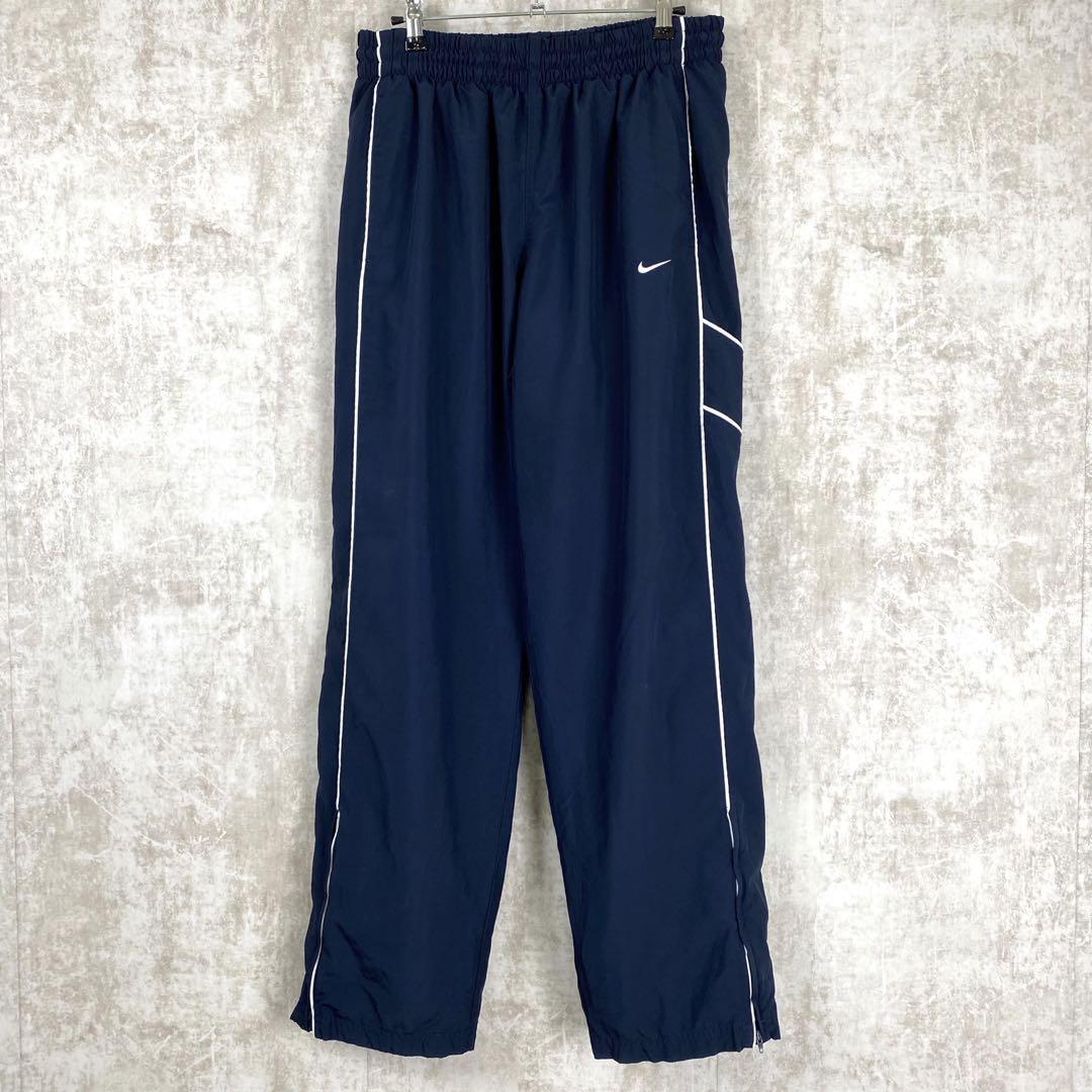 L 00s ナイキ ナイロン トラックパンツ サイドライン スウッシュ 紺色