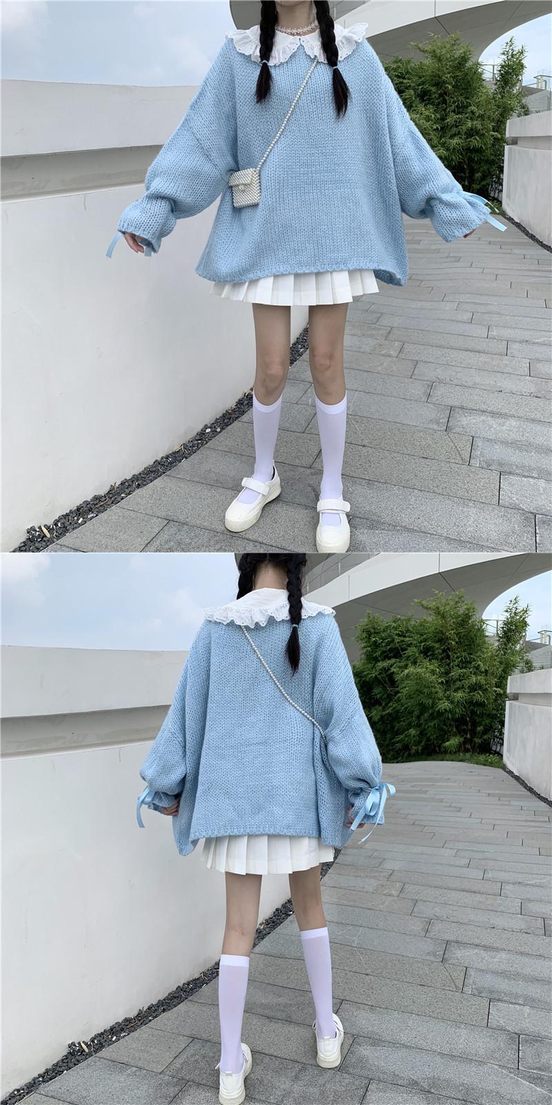 ニット セーターラウンドネック長袖 長そでスリーブ 袖ブルー 青ニット