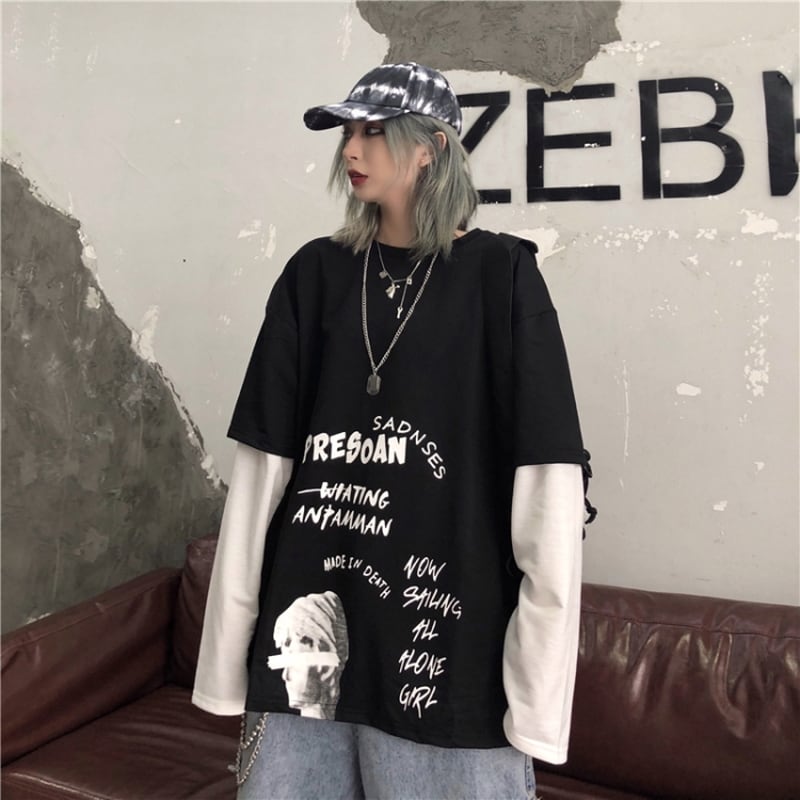 サブカル 服 地雷系 通販 闇かわいい Tシャツ フェイク ツーピース ユニセックス ビッグシルエット