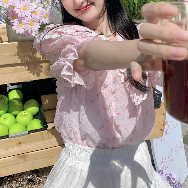 Cherry blossom pattern puff sleeve top(ME083)