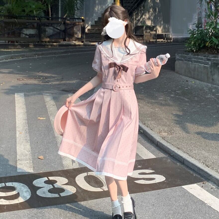 桃色喫茶の午後 ドット柄セーラー襟リボン付き半袖クラロリ系ワンピース