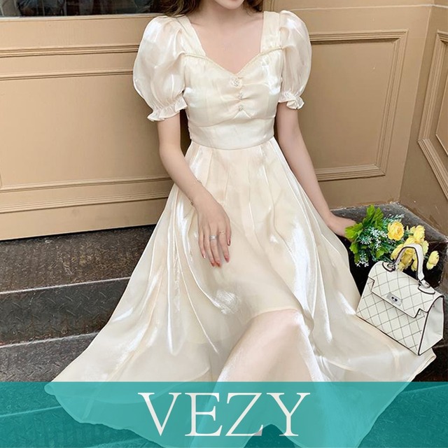 韓国ワンピース 夏 きれいめ パフスリーブ 半袖 ウエストマーク ワンピース ミモレ丈 タックフレアワンピ 光沢感 ロングワンピース 大人可愛い 夏服 ワンピース チュニック ベジー VEZY ItemNo.【19611229 】