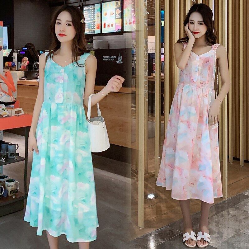 【新作】【送料無料】 6636＃サマーマタニティロングパーティードレスタンクスリングドレス妊婦スウィートシフォン妊娠サンドレス 大人ガーリー キュート カジュアル 夏物 AL expec319537745167