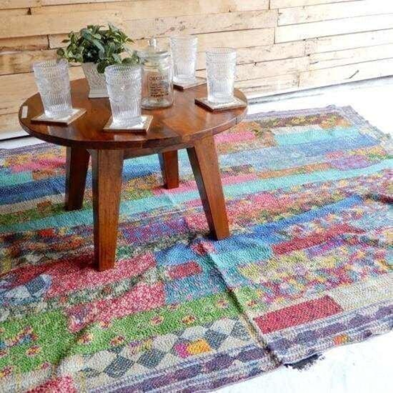 ヴィンテージラリーキルト　24000-3　130×180cm　ベッドカバー　マルチカバー　1点もの　ピンク×ブラウンチェック
