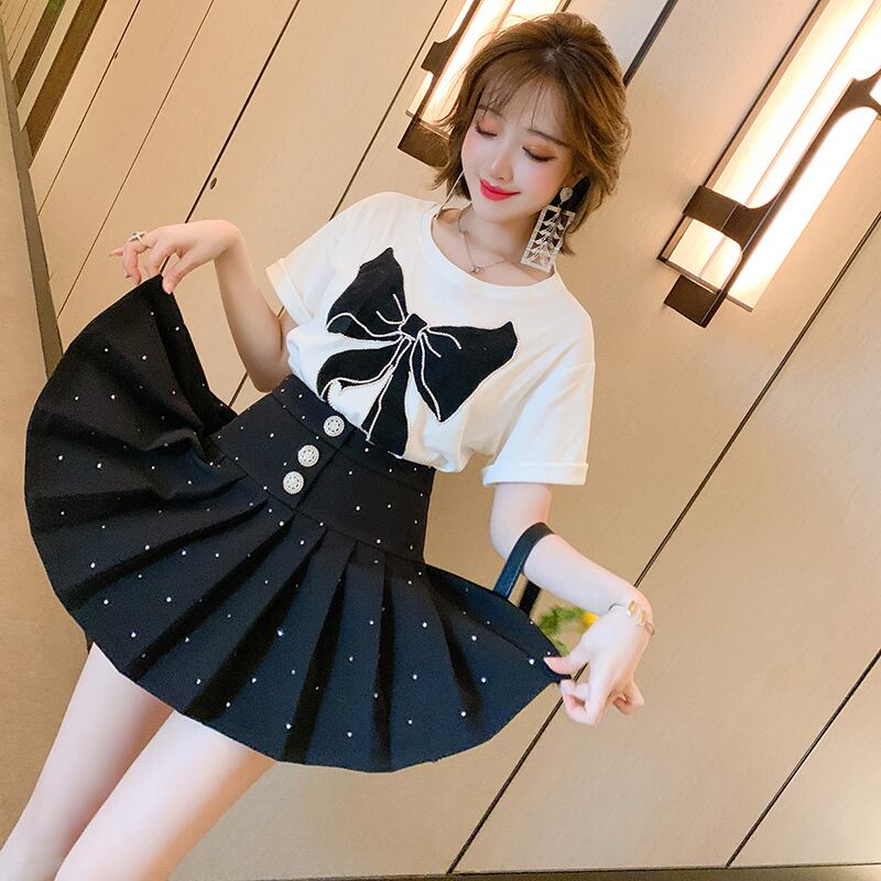 リボンラウンドネックTシャツ プリーツスカート サマースタイル 夏物 Oネック MIUCO86624695067