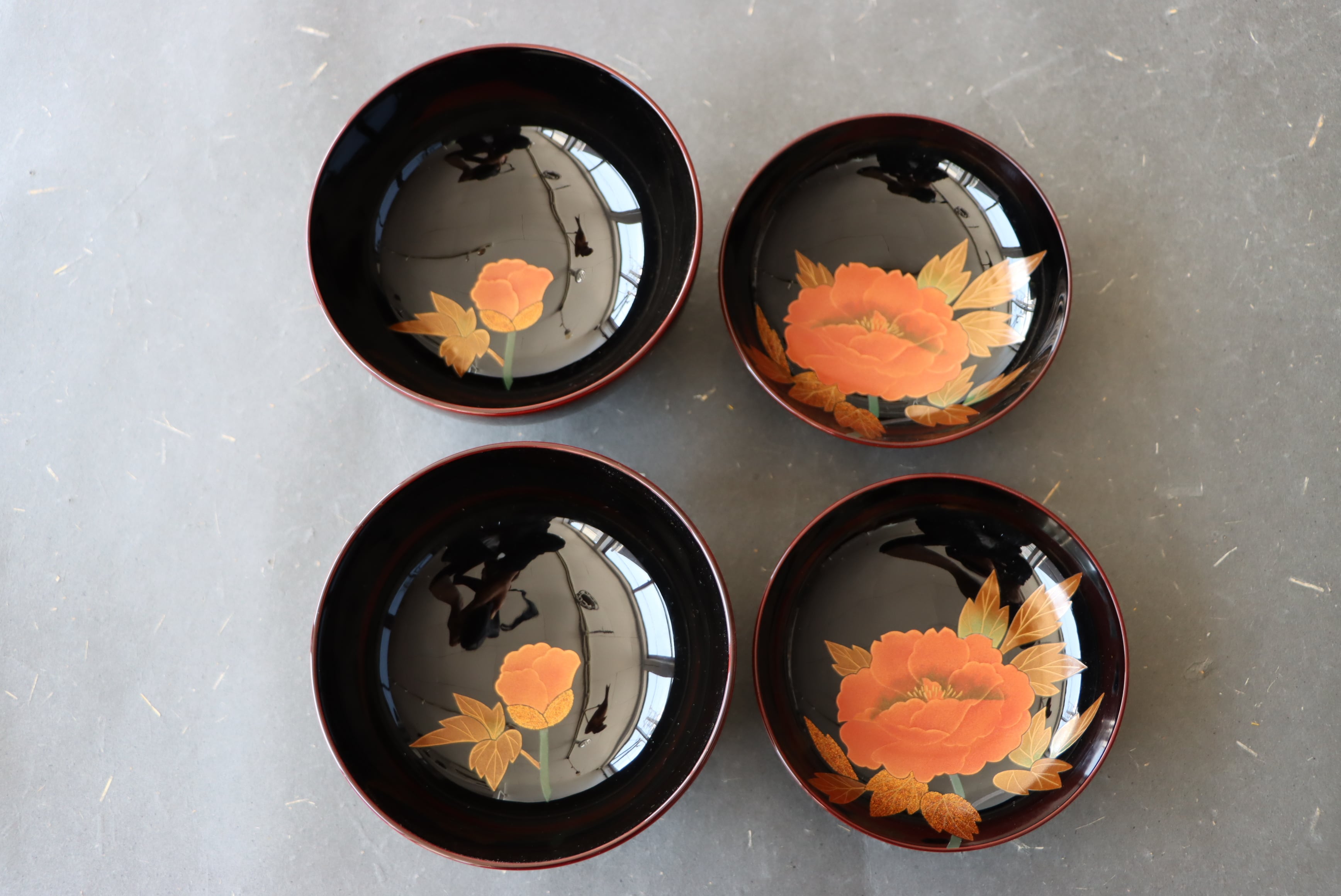 輪島塗 津田哲斎 溜塗 牡丹蒔絵 煮物椀 五客組 共箱 B/Wajima laquered