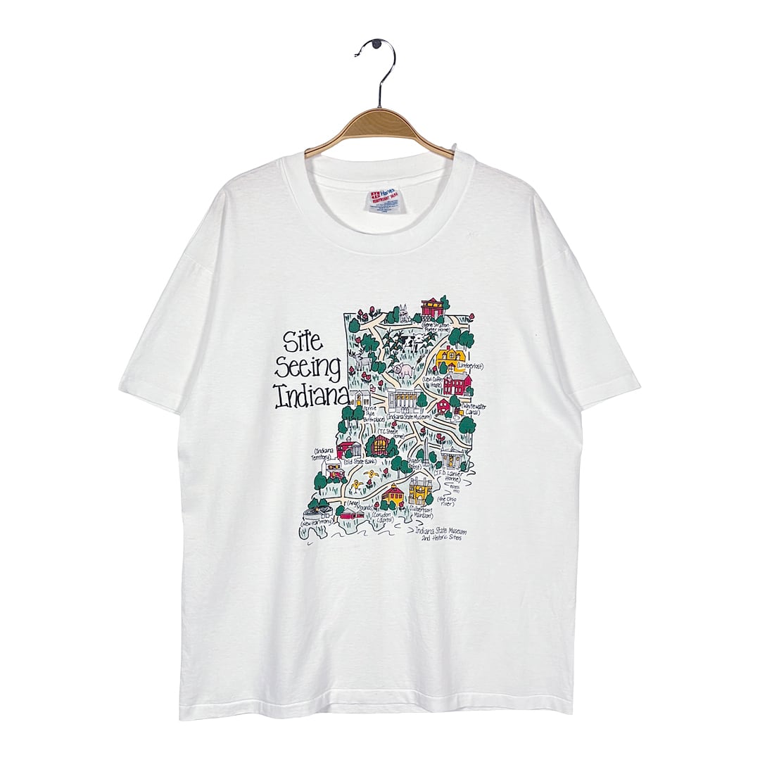 90s インディアナ 観光 サイトシーイング イラスト 地図 USA製 ヴィンテージ Tシャツ ホワイト シングルステッチ HANES ヘインズ サイズL BZ0691